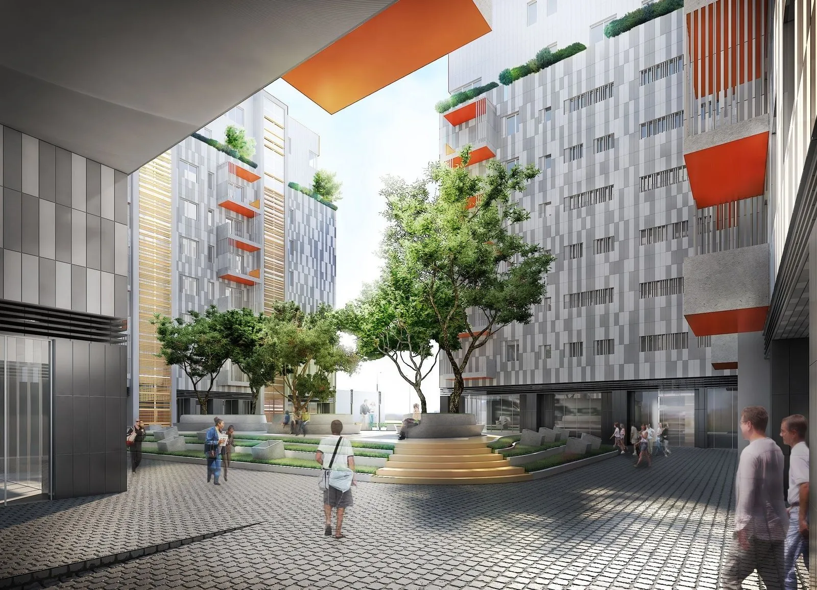 Render della corte interna di Foleja e Gjelbër, con alberi e residenti