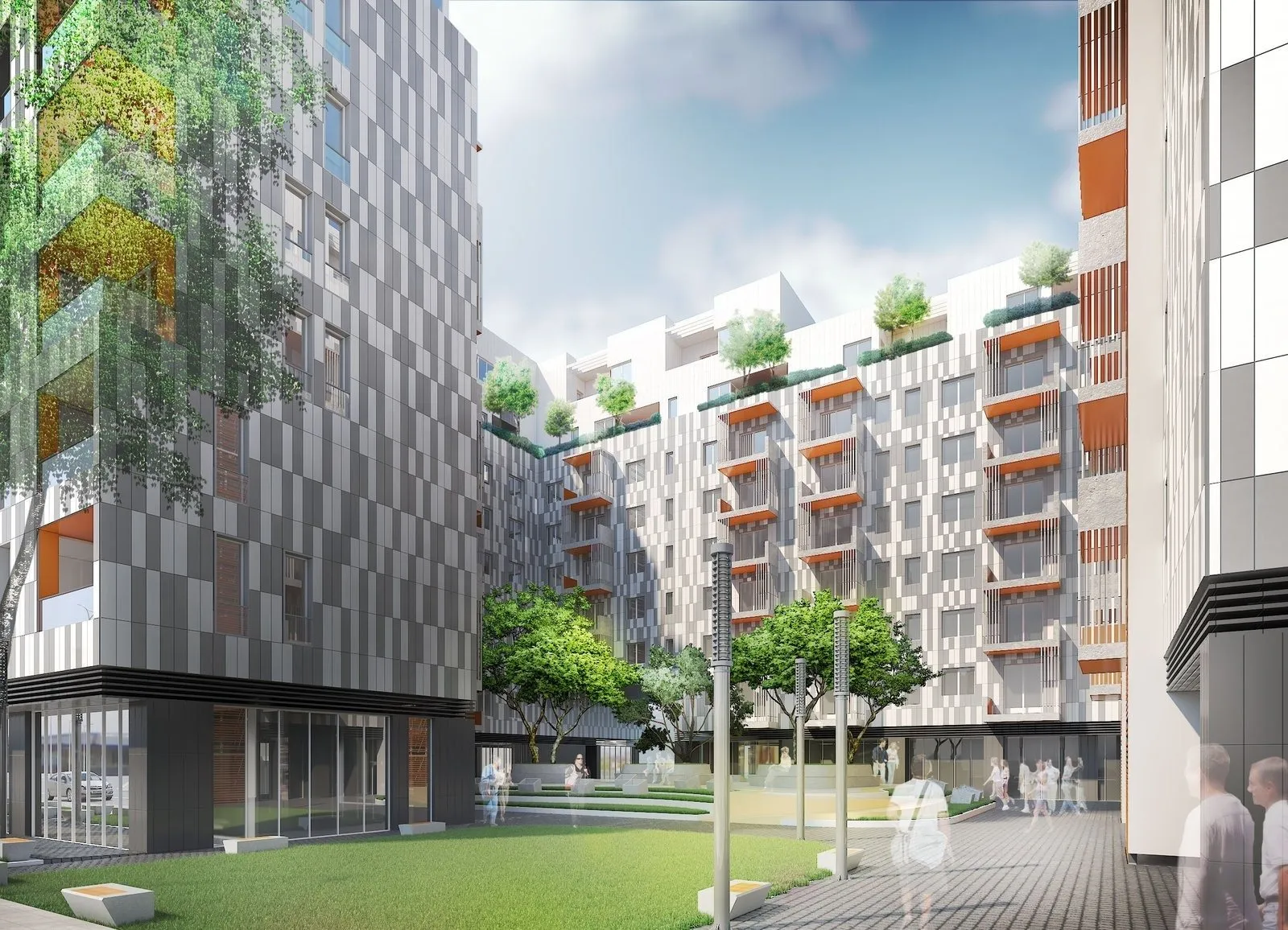 Render del giardino tra i blocchi residenziali
