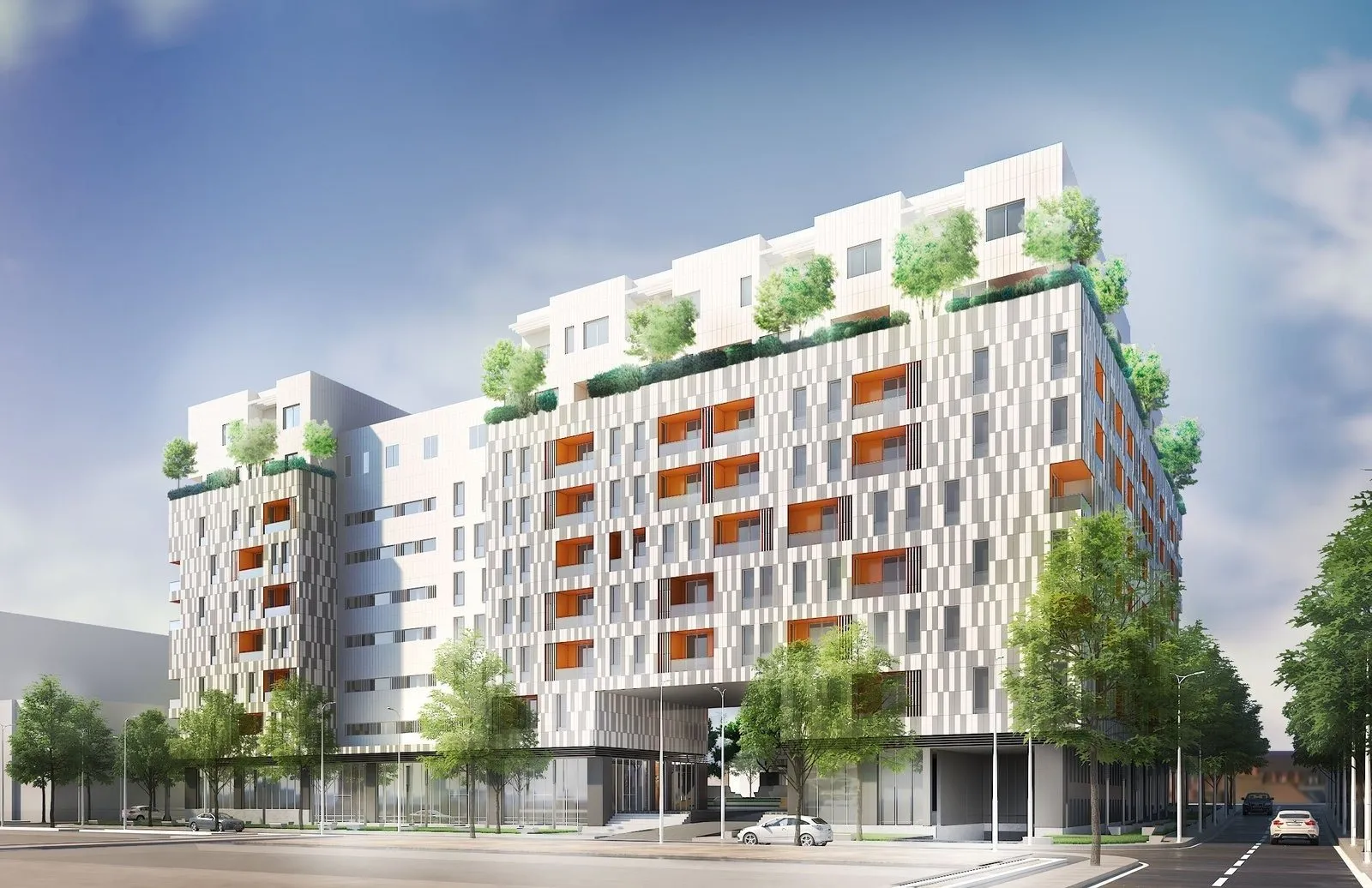 Render del complesso dalla strada, con facciate bianche e balconi arancioni